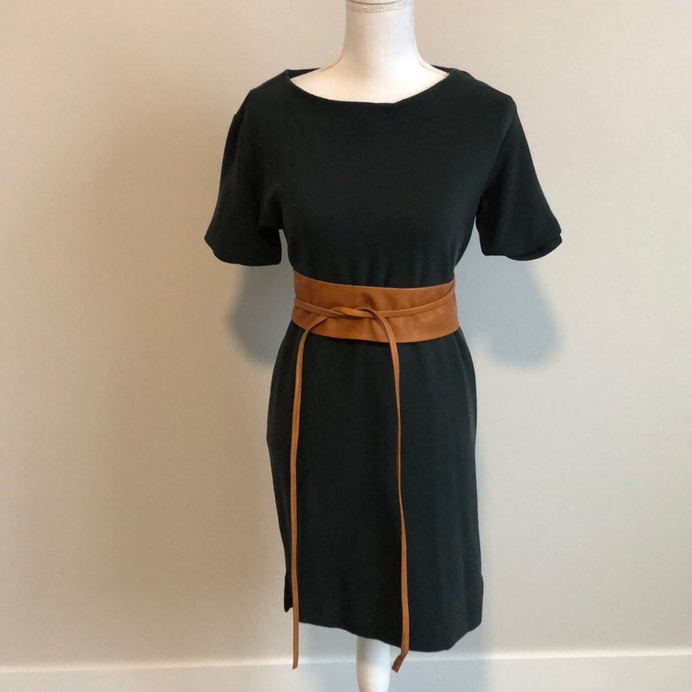 Hunter Green Sweater Dress with Leather Belt